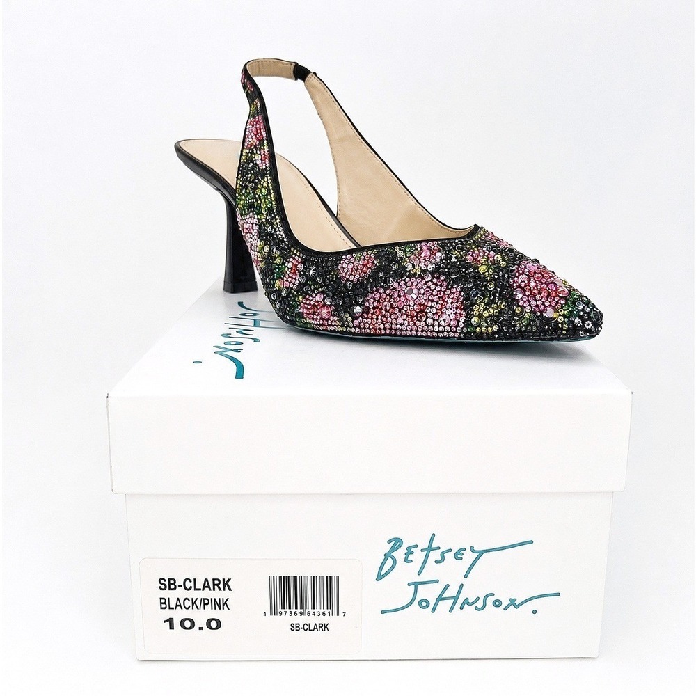 Betsey Johnson Clark Rhinestone Floral Slingback Pumps Black Pink Heels 10 NWOT - Picture 11 of 12